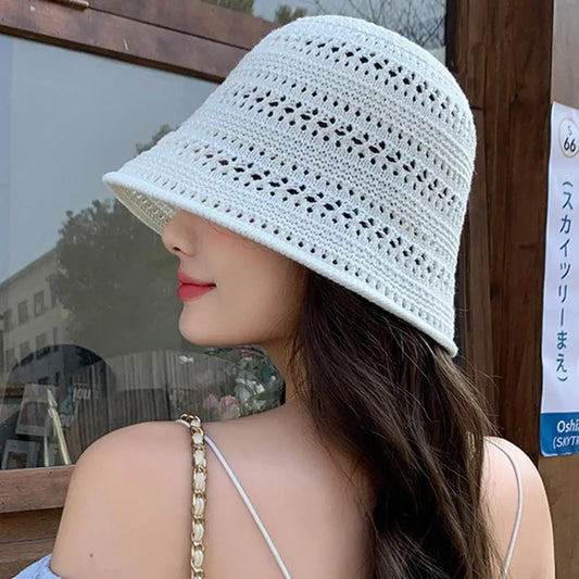 Hollow Out Crochet Sun Hat Wide Brim Bucket Hat Knitted Fisherman Hat Foldable Visor Small Fresh Simple Outdoor Casual Beach Cap