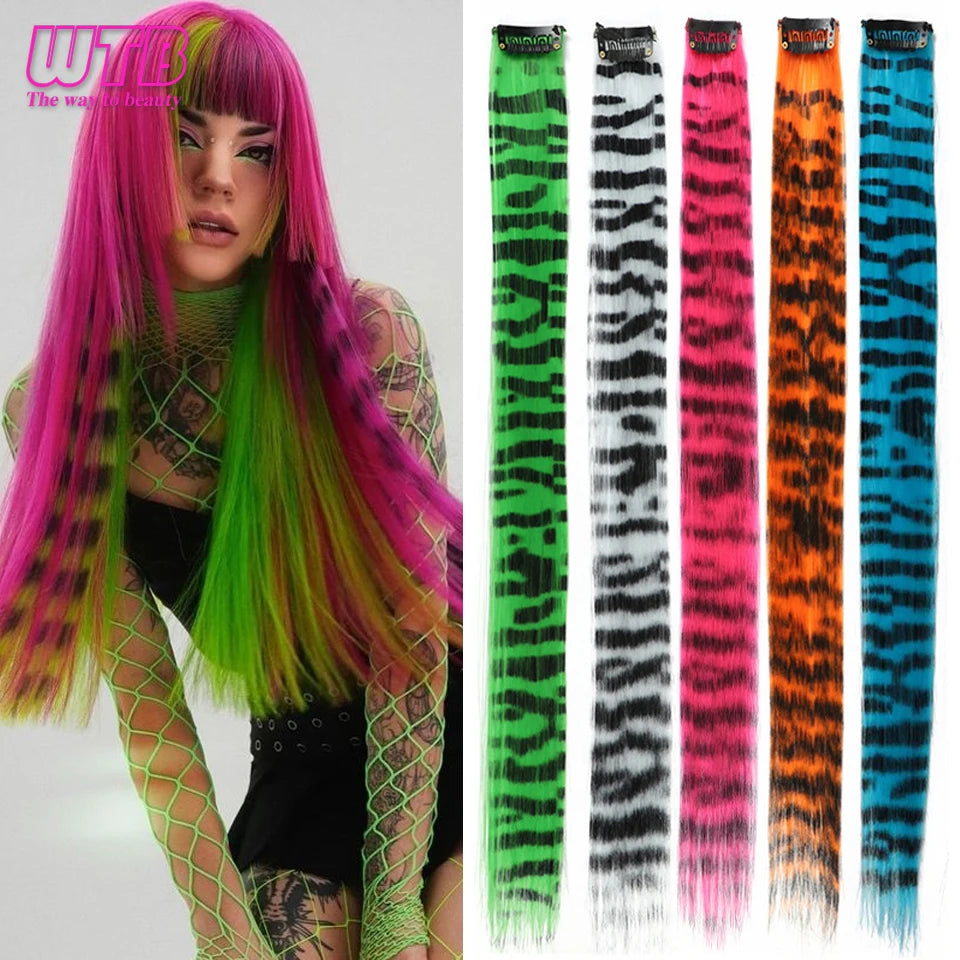 Synthetic One Card Hair Extension Wig Hair For Women Long Straight Clip-in Colored Zebra Line Feather Hair Extensions Fake Hair