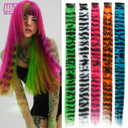 Synthetic One Card Hair Extension Wig Hair For Women Long Straight Clip-in Colored Zebra Line Feather Hair Extensions Fake Hair