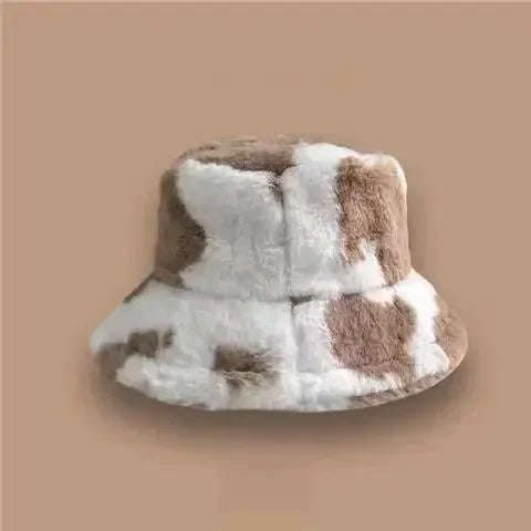 Winter Rabbit Plush Fisherman Hats for Women Girl Bucket Hat Windproof Leopard Soft Faux Fur Wide Brim Lady Women Artist Cap