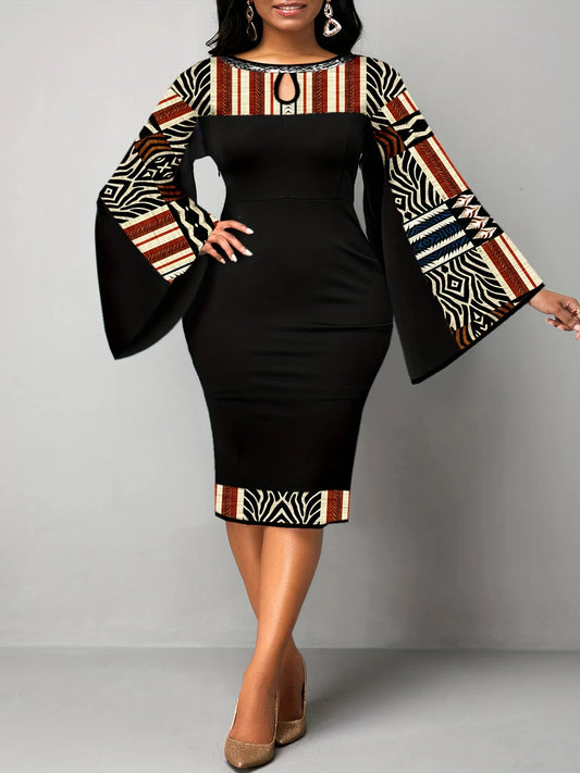 Vestido elegante de talla grande, talla grande, estampado geométrico, cuello redondo, mangas acampanadas, corte entallado elegante, corte entallado, elegante 