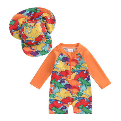 Trajes de baño de verano para niñas y niños pequeños, de manga larga, con estampado floral/tropical, con cremallera y sombrero.