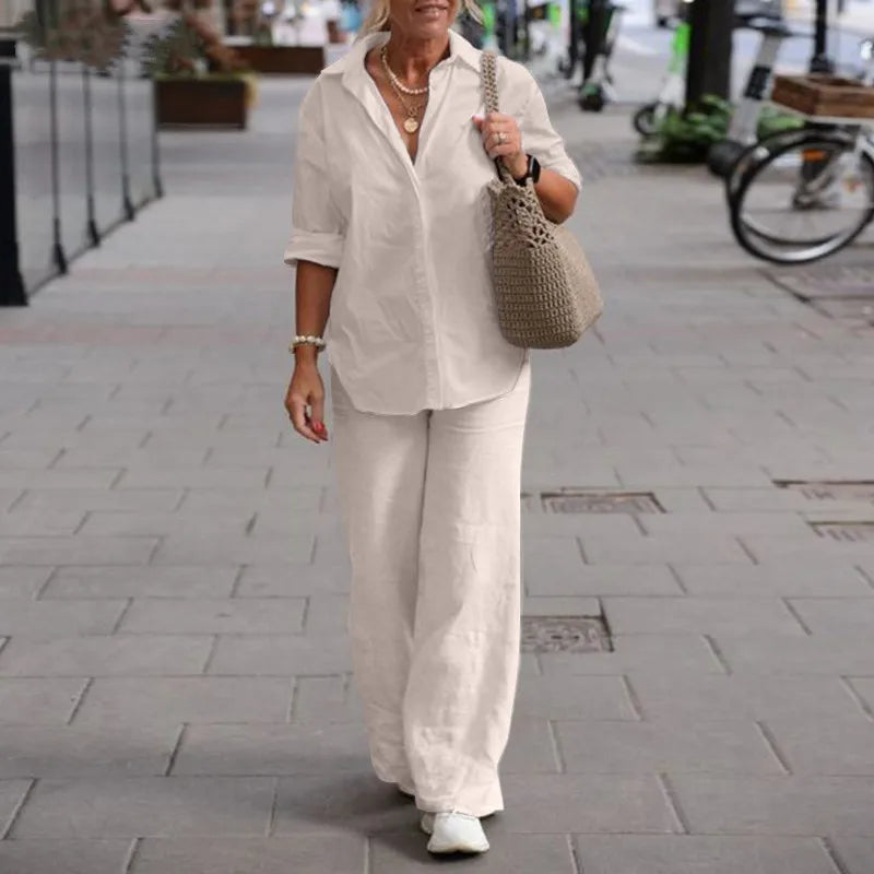 New Women's Plus Size Casual Linen Lapel Long-sleeved Shirt Suit Summer Solid Color Trousers Wide-leg Pants Two-piece Set