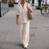 New Women's Plus Size Casual Linen Lapel Long-sleeved Shirt Suit Summer Solid Color Trousers Wide-leg Pants Two-piece Set