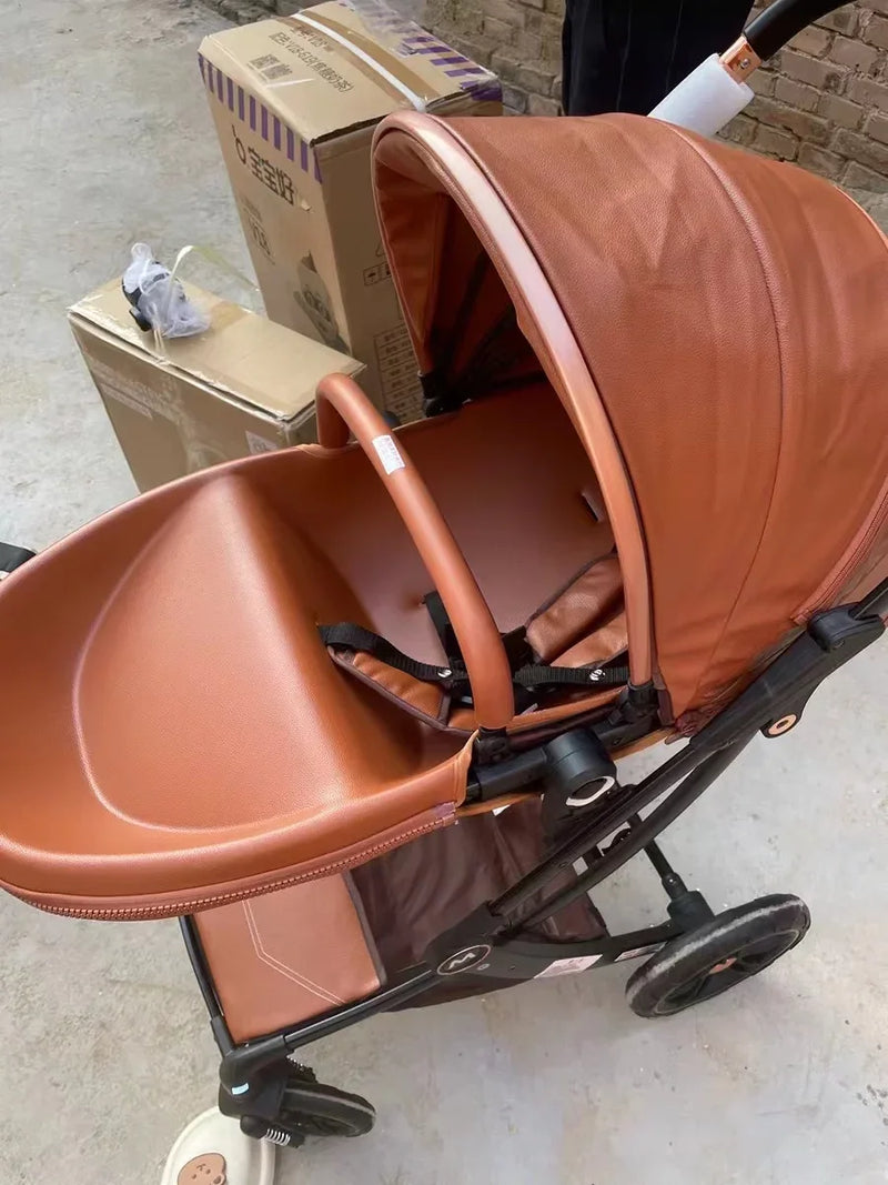 Baby Stroller 3in1,Luxury Baby Carriage with Car Seat,Eggshell Newborn Stroller Leather High Landscape PU leather