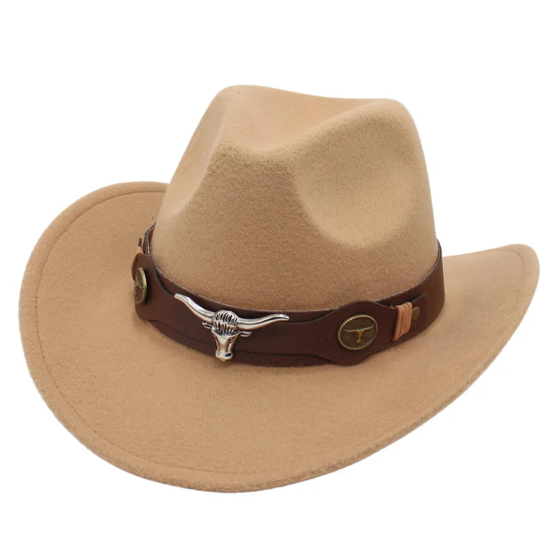 Classic Cattleman Cowboy Hat Retro Bull Head Studded Leather Band Felt Hat Unisex Western Party Cosplay Hat Wide Brim Fedora