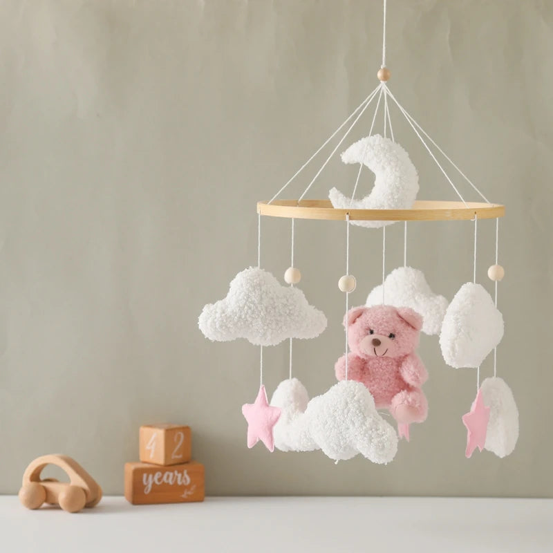 Baby Crib Mobile Rattle Toy Wooden Bed Bell Mobile Hanging Teddy Velvet Bear Doll Toy Newborn Music Box Crib Mobile Bracket Gift