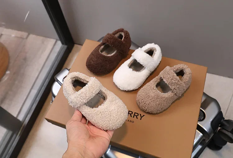 Children Fur Shoes 2025 Winter Kids Warm Plush Shoes For Girl Flat Loafers Moccasins Girls Casual Shoes Khaki, Beige