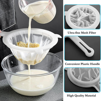 Filtro de cocina de malla 200, colador de malla fina, colador de nailon, cuchara de plástico para leche de soja, jugo, yogur, colador de alimentos, utensilios de cocina