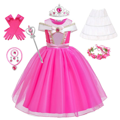 Girl Pink Dress Aurora Cosplay Costume Princess Deluxe Outfit Children Summer Brthday Party Elegant Gown Fairy Disguise Sets
