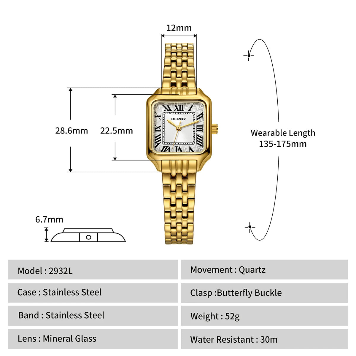 Relógio Feminino Quadrado BERNY Luxo – Quartz em Aço Inoxidável à Prova D'Água