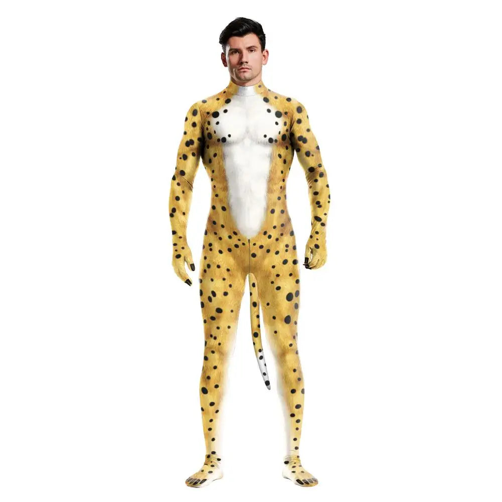 Zawaland Tiger Leopard Cheetah Petsuit for Men Animal Disguise Costume Crotch Zipper Zentai Halloween Carnival Full Bodysuits