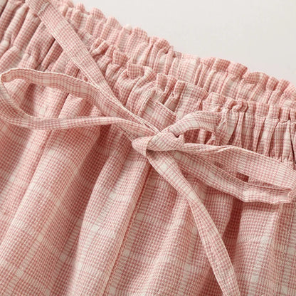Plus Size Japanese Minimalist Checked Women Pajamas Trousers Women Soft Home Pants Loose Casual Pants Elastic Waist Home Pants