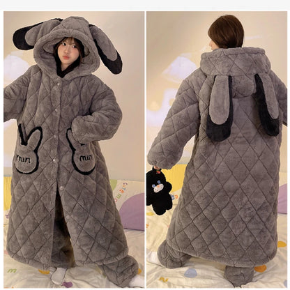 Plus Size Cartoon Coral Fleece Nightgown Pants Two Piece Sets for Women Winter Flannel Thicken Kawaii Bunny Hooded Pajamas Suit