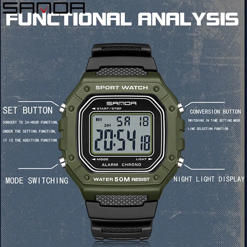 SANDA 2156 Fashion Men's Watch Military Water Resistant Sport Watches Army Big Dial LED Digital Wristwatches Stopwatches for Male