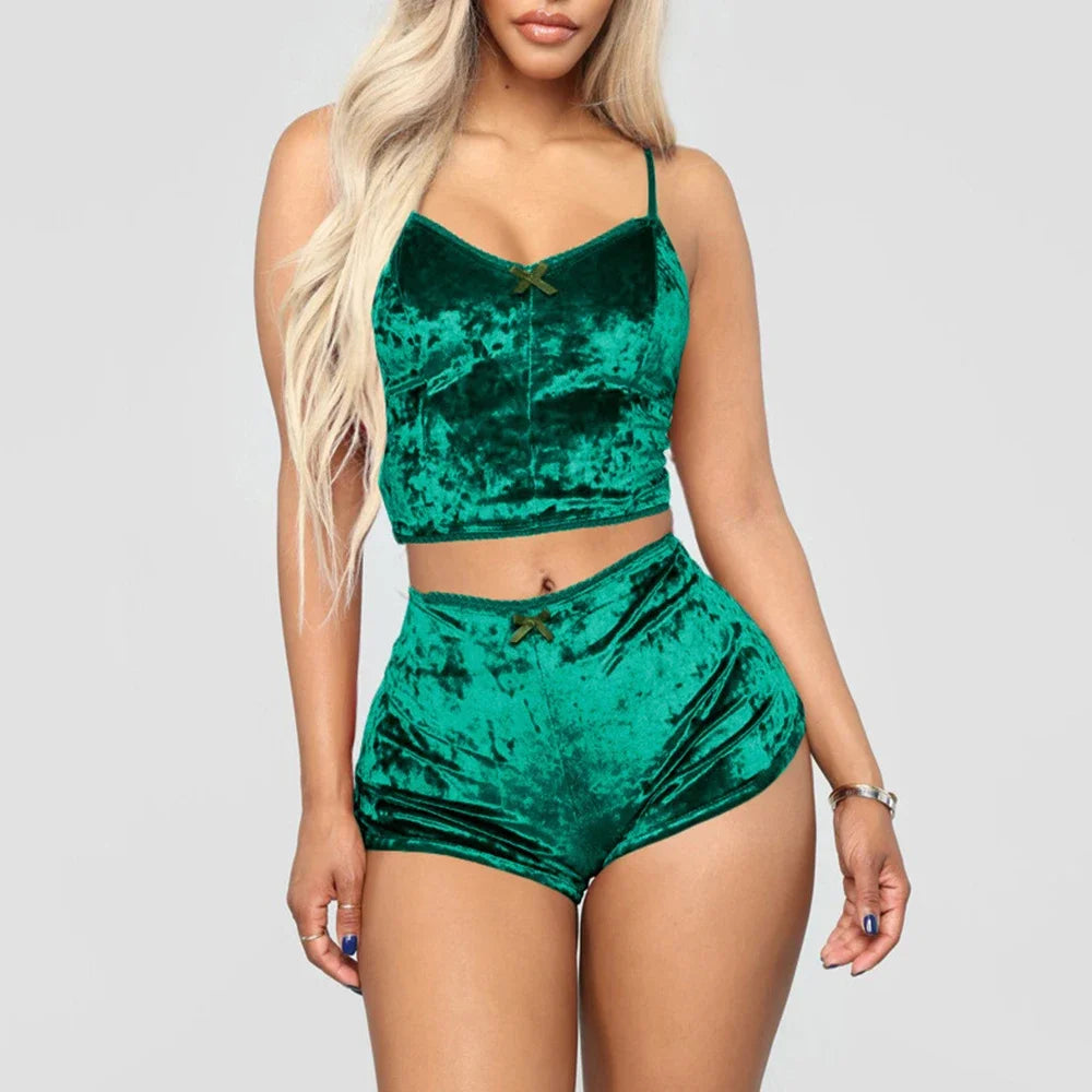 Women's Velvet Sleeveless V-neck Underwear Polyester Set Camisole+Shorts Pajamas Set Comfortable Home Clothes Top Pants
