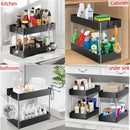 2 Tier Under Sink Organizer Sliding Cabinet Basket Organizer Storage Rack with Hooks Hanging Cup Bathroom Kitchen Organizer