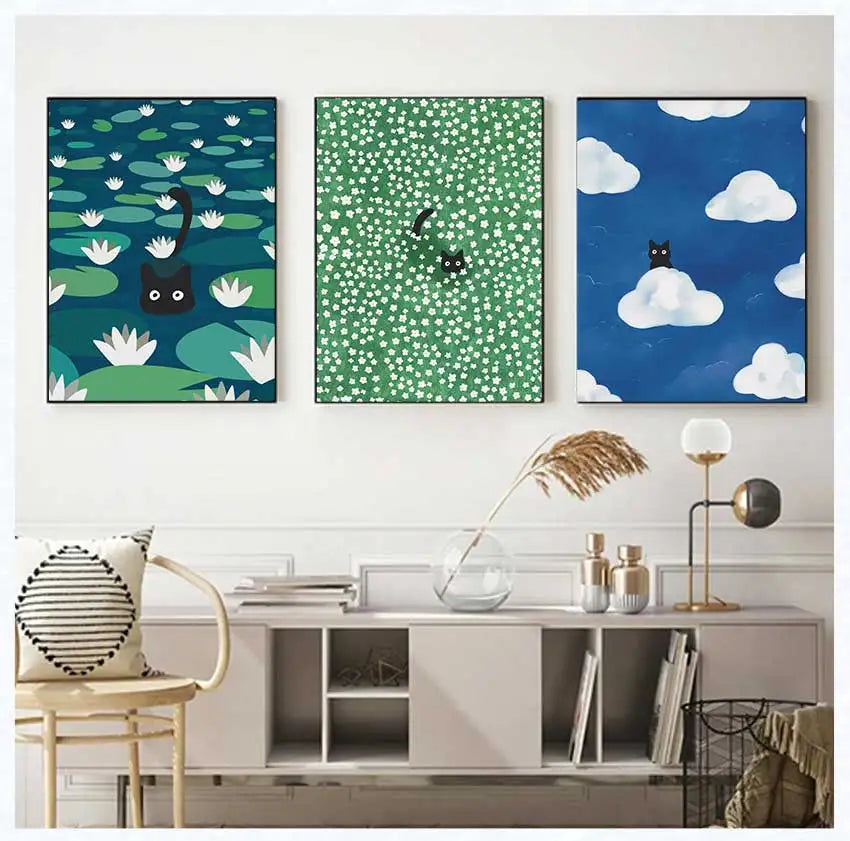 Cute Cats Pop Illustration Prints Canvas Painting Aesthetic Wall Art Pictures Home Room Dec Abstract Black Cat Drawing Poster
