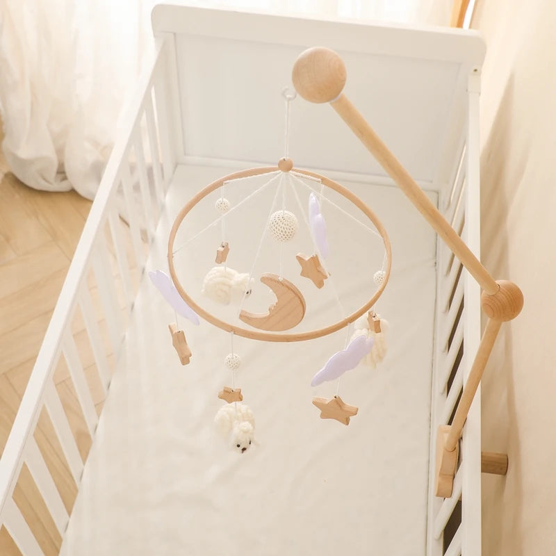 Baby Crib Mobile Rattle Toy Wooden Bed Bell Mobile Hanging Teddy Velvet Bear Doll Toy Newborn Music Box Crib Mobile Bracket Gift