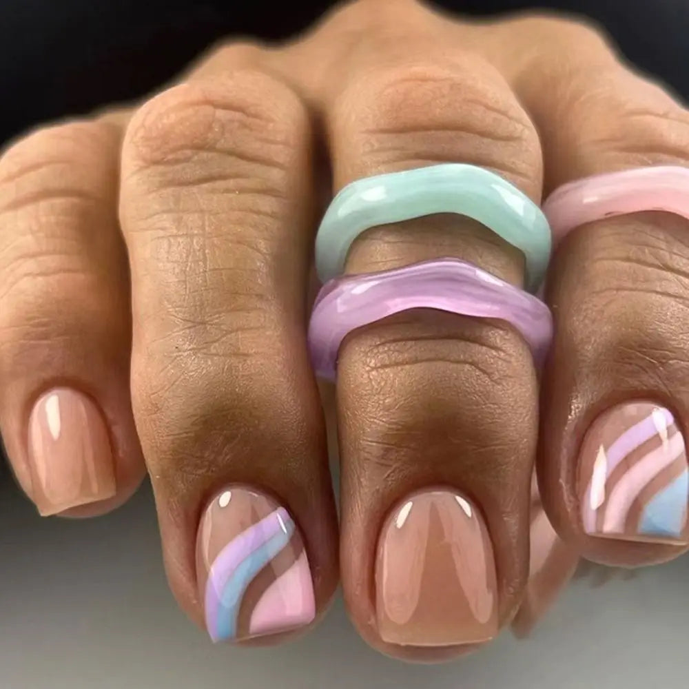24Pcs/Box Aurora False Nail Detachable Short Round Fake Nails for DIY for Salon French Nail Tips Full Cover Press On Nails