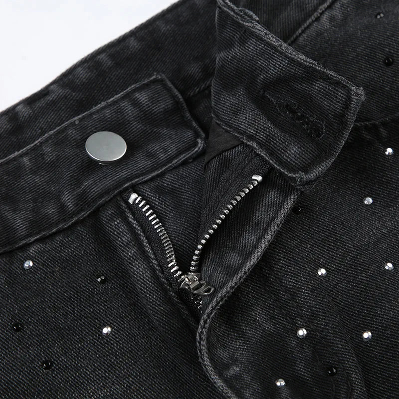 BKQU - Pantalones vaqueros rectos y holgados para mujer, cintura alta, pierna ancha, con diamantes de imitación, largos, moda urbana 2021, pantalones brillantes con diamantes