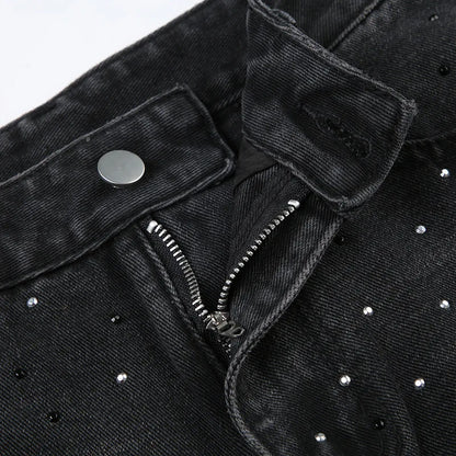 BKQU Straight Baggy Jeans Women High Waist Wide Leg Rhinestones Denim Long Pants 2023 Fashion Streetwear Diamonds Shinny Trouser