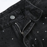 BKQU - Pantalones vaqueros rectos y holgados para mujer, cintura alta, pierna ancha, con diamantes de imitación, largos, moda urbana 2021, pantalones brillantes con diamantes