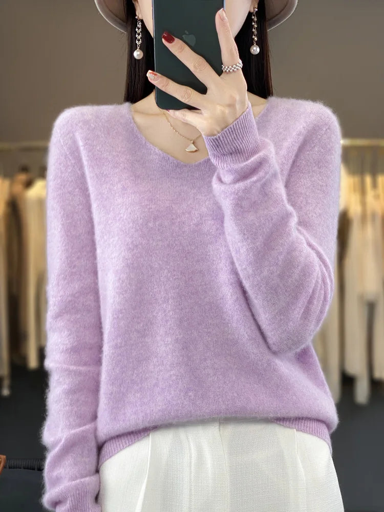 Suéter básico de otoño-invierno 2024 para mujer, 100 % lana merino, cuello en V, tejido de punto liso, jersey de oficina para mujer, manga larga, cachemir.