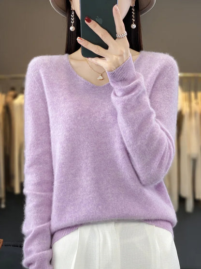 Suéter básico de otoño-invierno 2024 para mujer, 100 % lana merino, cuello en V, tejido de punto liso, jersey de oficina para mujer, manga larga, cachemir.