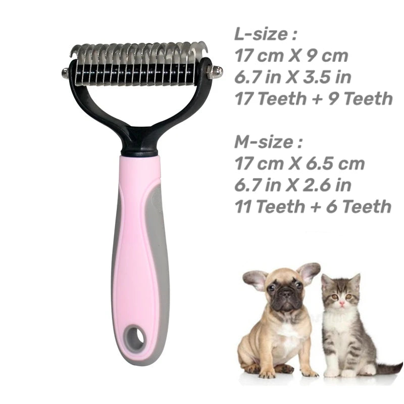 Cepillo de aseo de acero inoxidable para mascotas, de dos caras, para quitar el pelo suelto y desenredar la capa interna, peine rastrillo para perros y gatos, elimina nudos y enredos fácilmente.