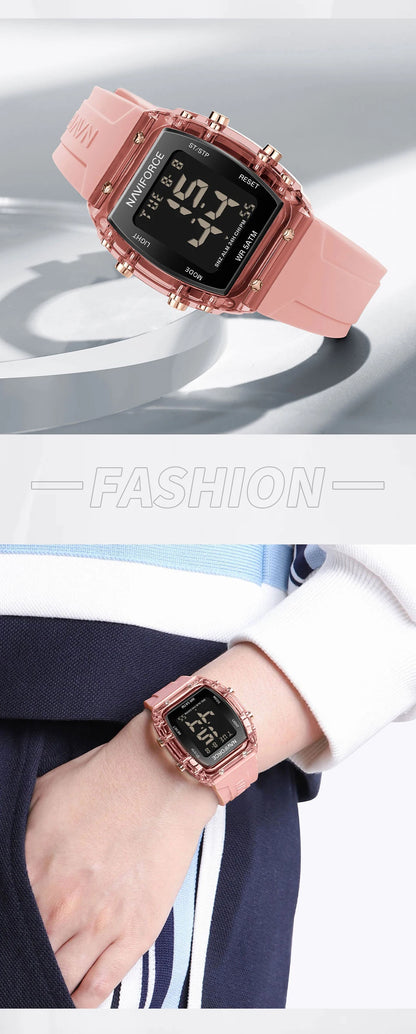Relojes NAVIFORCE para mujer, con movimiento digital LCD, reloj de moda para mujer, resistente al agua hasta 50 m, correa de silicona, relojes de pulsera deportivos electrónicos.