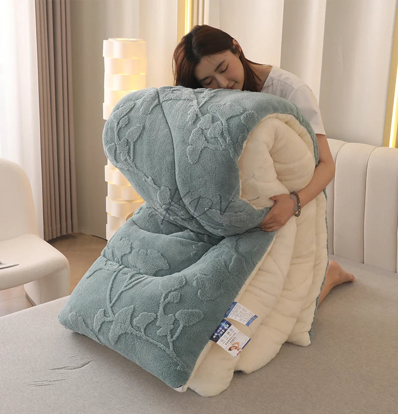 Thick Warm Imitation Lambswool Winter Blanket for Bed, Soft Jacquard Coral Fleece Quilt, Double-Sided Plush Weighted Blanket 5kg