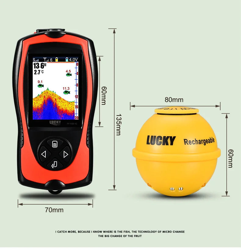 Lucky Sonar Fish Finder FF1108-1CWLA Rechargeable Wireless Sensor 45M Water Depth Echo Sounder Fishing Portable Fish Finder
