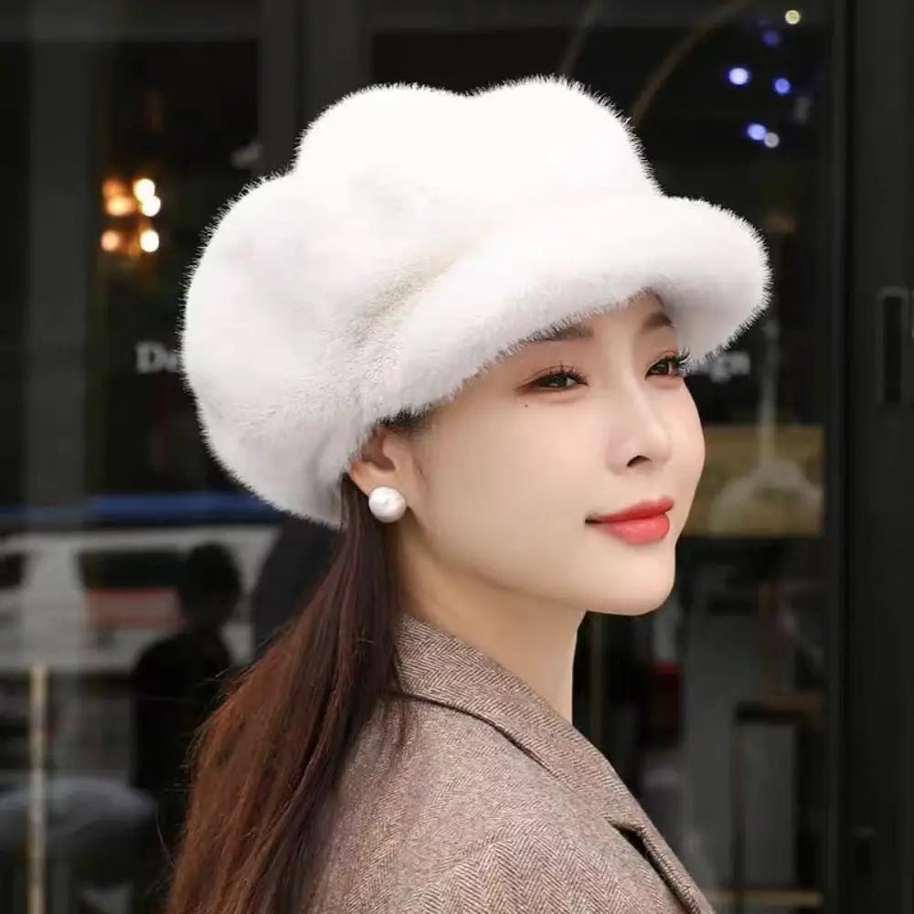 High Quality Cold Protection Women's Beret Solid Color Imitation Mink Winter All-Match Hat Light Luxury Thick Warm Hat