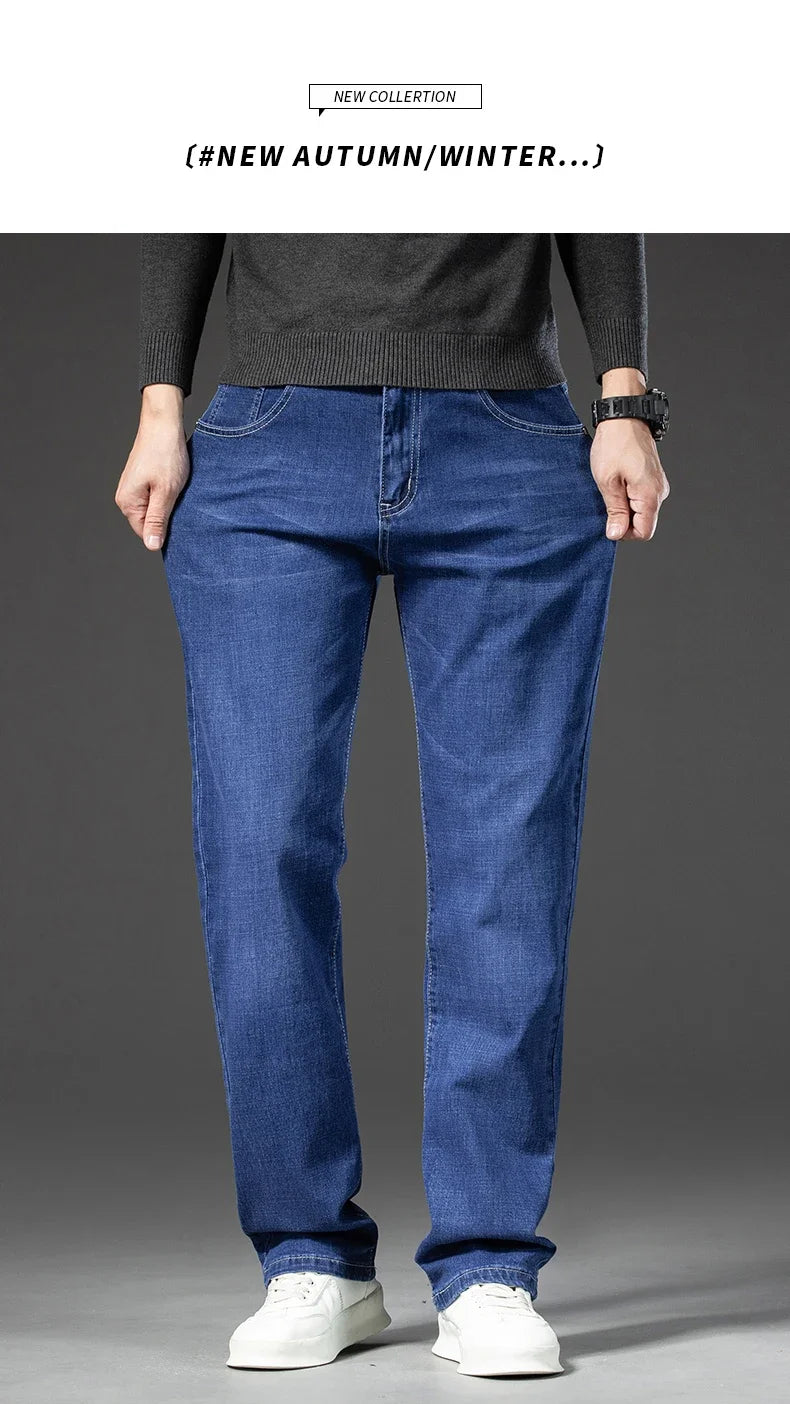 2025 Spring Autumn Men's Straight Jeans Denim Pants Classic Style Business Stretch Casual Trousers Large Size 40 42 44 46