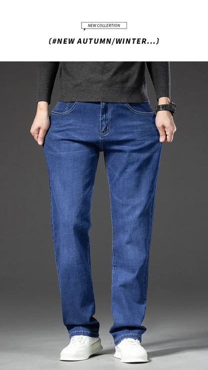 2025 Spring Autumn Men's Straight Jeans Denim Pants Classic Style Business Stretch Casual Trousers Large Size 40 42 44 46