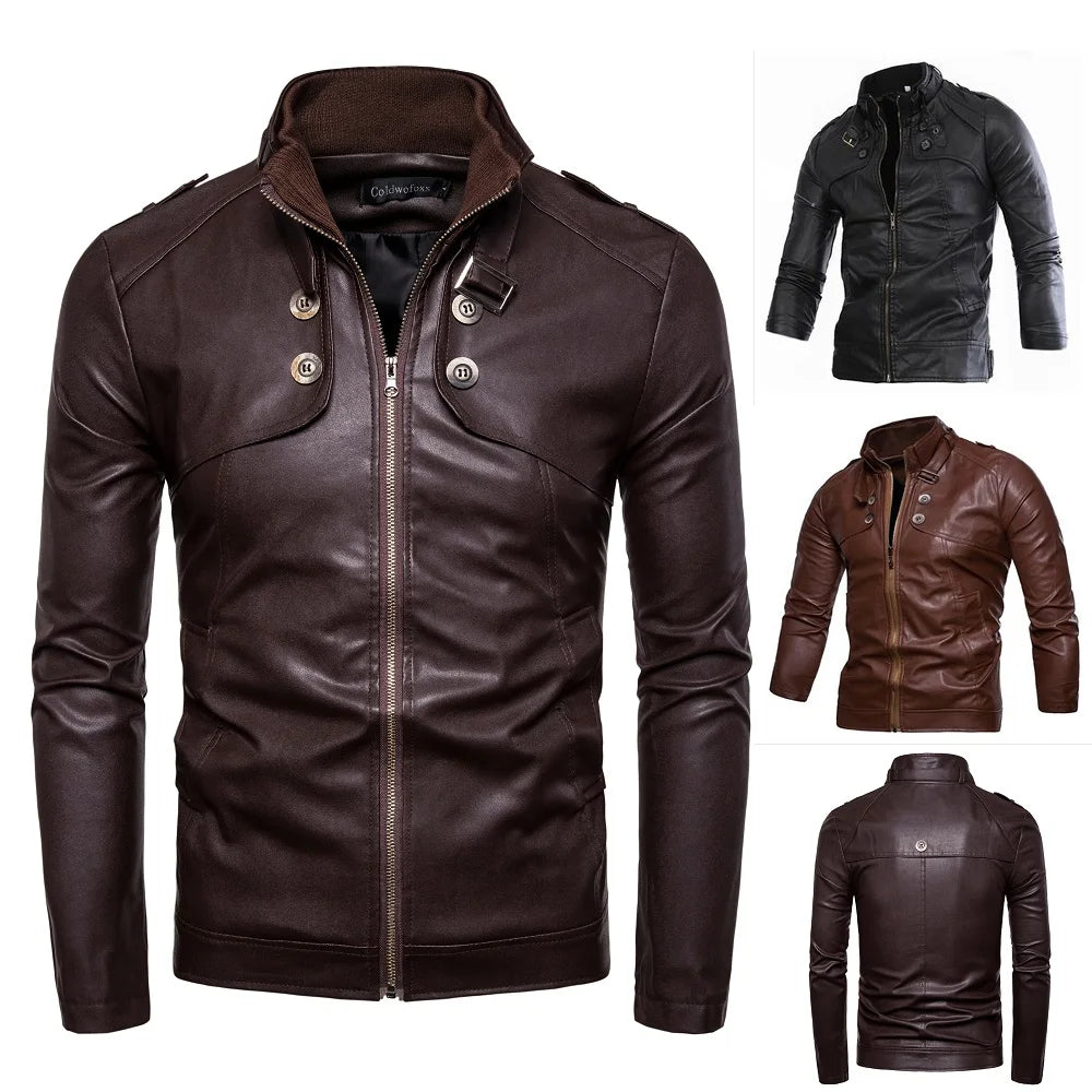 Autumn New Men's Casual Fashion Standing Neck Slim Fit PU Leather Jacket Solid Leather Jacket Men's Windproof Motorcycle