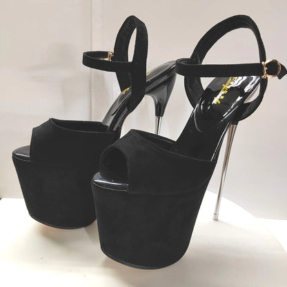 New Super High Thin Heels 30 Cm Steel Heels Large Size Women's Sandals Suede Black Buckle Sky-high Sexy Shoes platform sandals
