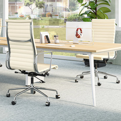 Mid Back Ribbed Office Chair White Genuine Leather Desk Chair Adjustable Ergonomic Computer Desk Chair for Study Office