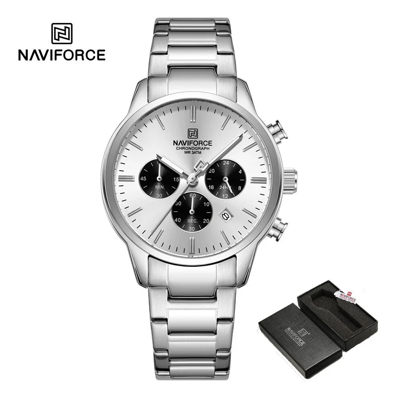NAVIFORCE NF8076 Sports Watches for Men Stainless Strap Quartz 3ATM Waterproof Shockproof New Fashionable Clock