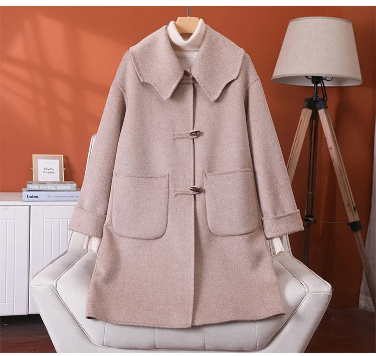 2025 Fashion Large Lapel Horn Button Women's Coat Autumn and Winter New Double-Sided Woolen 100%Pure Wool Warm Coat Large Pocket