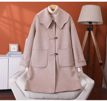 2025 Fashion Large Lapel Horn Button Women's Coat Autumn and Winter New Double-Sided Woolen 100%Pure Wool Warm Coat Large Pocket