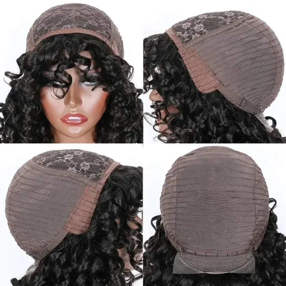 Short Curly Bob Wig Human Hair With Bangs Ready to Go Glueless Bouncy Curly Human Hair Wigs Machine Made Afro Wigs for Women