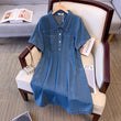 Vestido jeans feminino na altura do joelho, design com meio cardigã de lapela, vestido de bolso múltiplo, solto e confortável, tamanho grande, verão