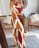 Summer British Style Women's Casual 2-Piece Abstract Print Cold Shoulder Bat Sleeve Top and Casual Wide Leg Pants Set