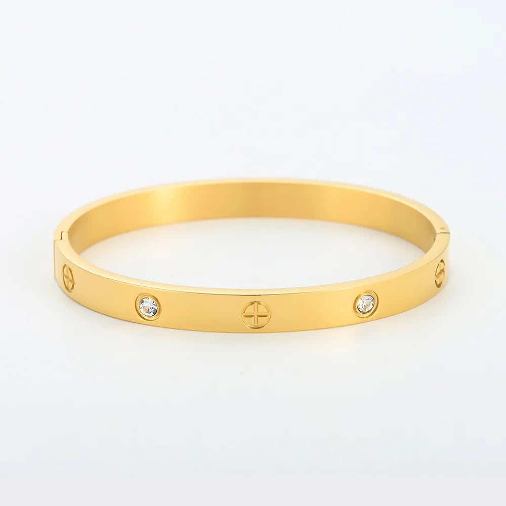 New Design Gold Color Zircon And Cross Nut Nail Bracelet & Bangle For Woman Stainless Steel Screw Brand Jewelry Dropshipping