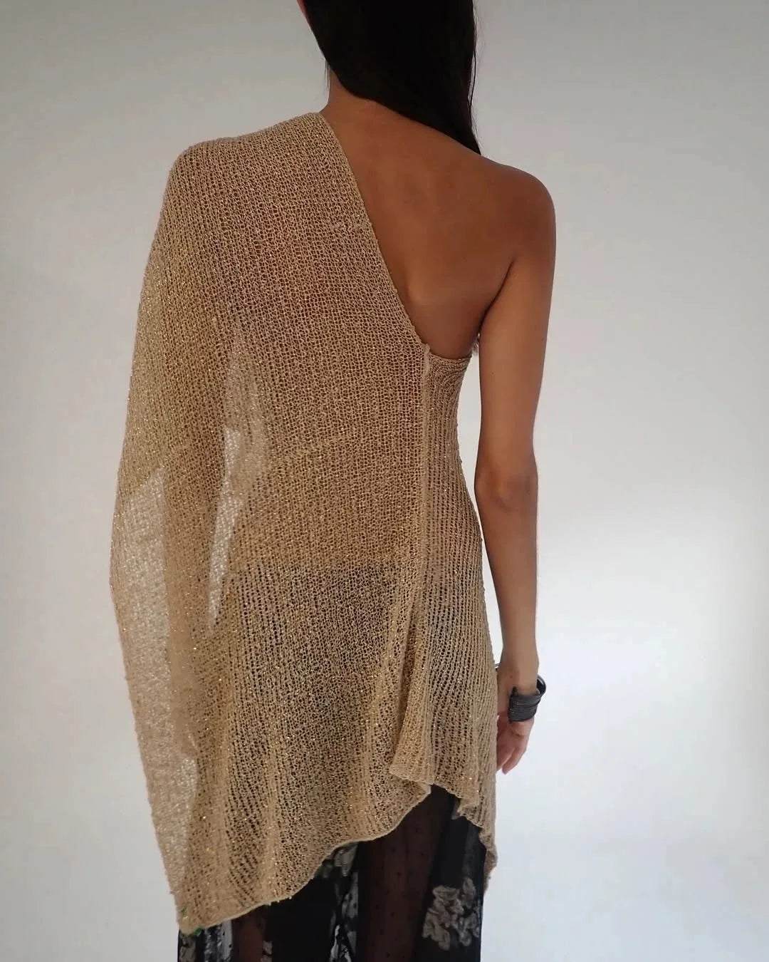 Jaded London Gold Knit Hollowed-Out One-Piece Top Halter Shawl Multi-Wear Holiday Style Halter