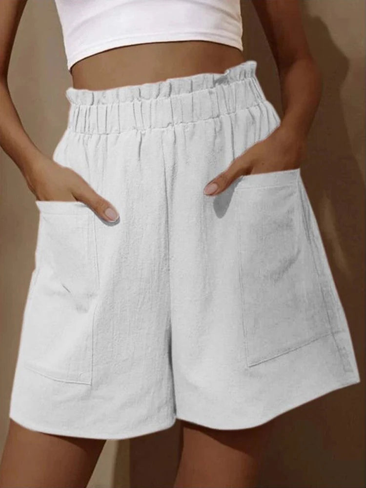 Pantalones cortos informales holgados de talla grande para mujer, de verano, de cintura alta, lisos, con dos bolsillos y pierna ancha, deportivos 