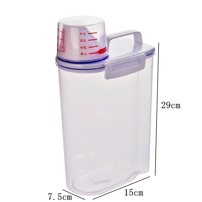 1Pc Sealed Cereal Insect-Proof Rice Bucket with Measuring Cup Transparent Rotary Food Moistureproof Tank Kitchen Storage Box 2KG