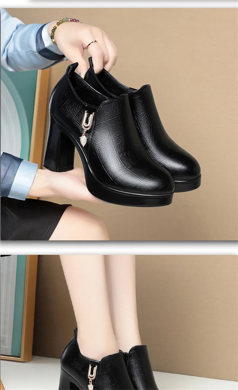 Comfortable Deep Mouth Soft Leather Anti-slip  Shoes Platform Spring 2024 Women's Block Black High Heels Office Mother Shoes